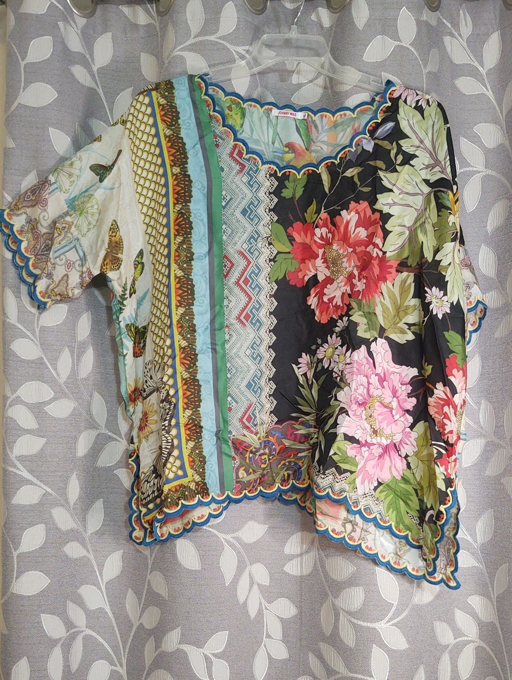 Johnny Was Multicolor Floral & Geometric Mixed-Print Short Sleeve Top size XL